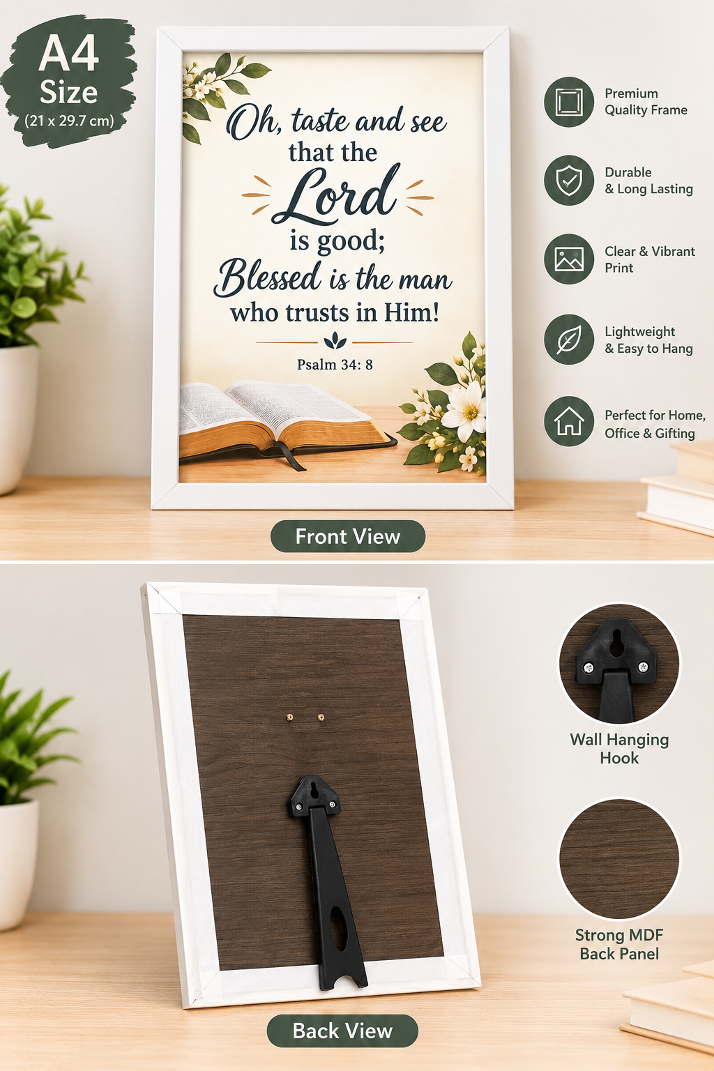Bible Verse Frame, Psalm 34:8 A4 – White Frame