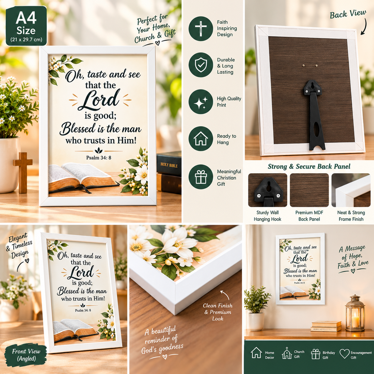 Bible Verse Frame, Psalm 34:8 A4 – White Frame
