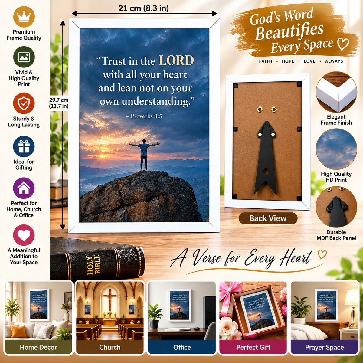 Bible Verse Frame, Proverbs 3:5 A4 – White Frame