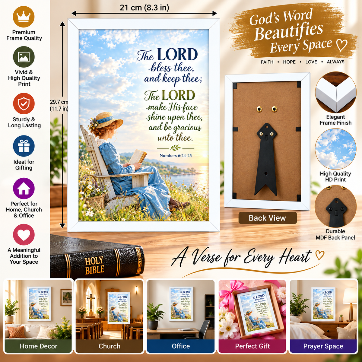 Bible Verse Frame, Numbers 6:24-25 A4 – White Frame