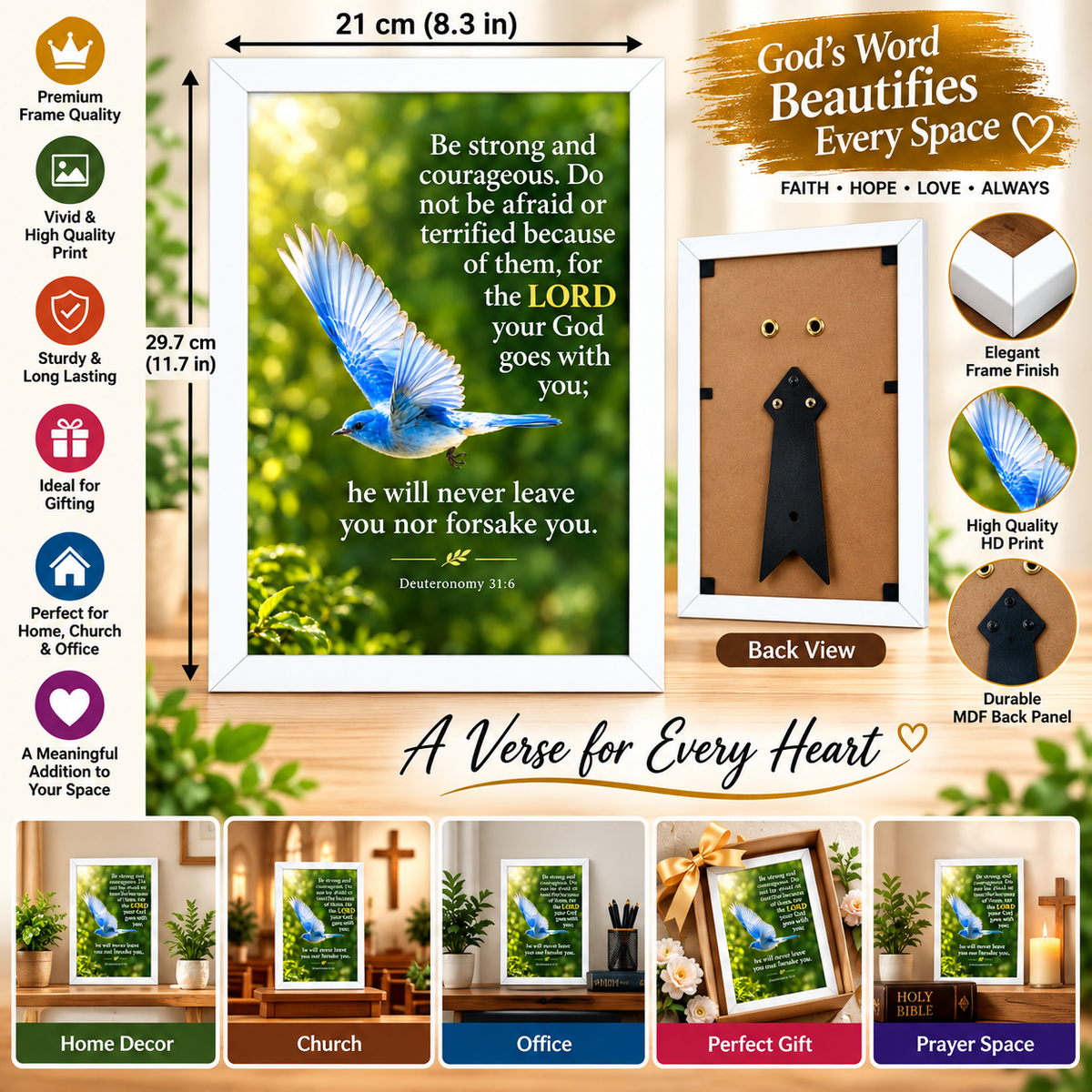 Bible Verse Frame, Deuteronomy 31:6 A4 – White Frame