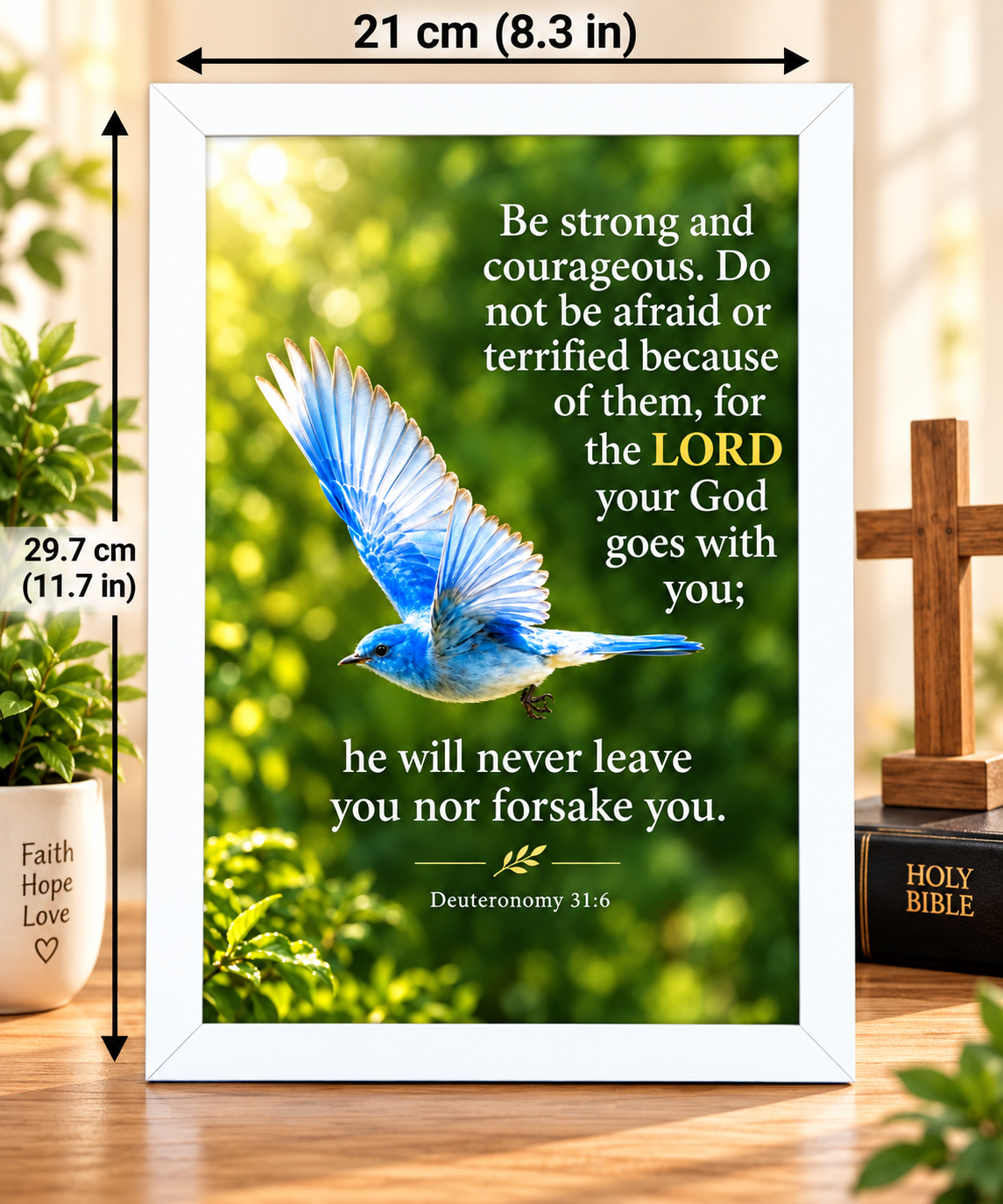 Bible Verse Frame, Deuteronomy 31:6 A4 – White Frame