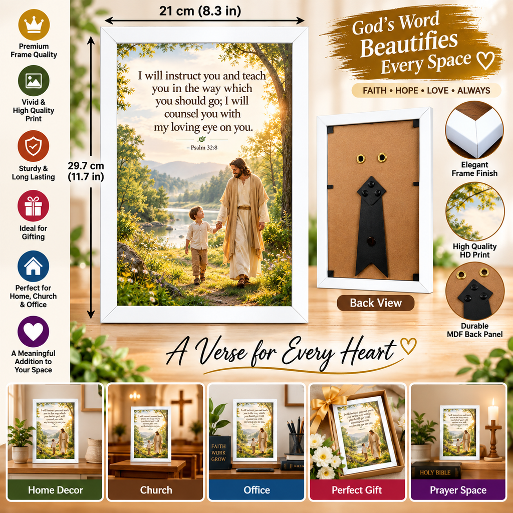 Bible Verse Frame, Psalm 32:8 A4 – White Frame