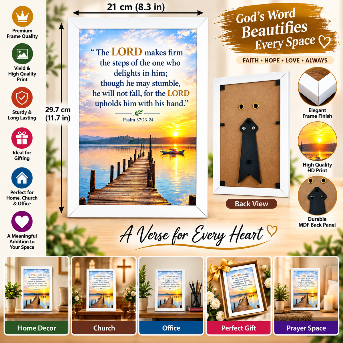 Bible Verse Frame, Psalm 37:23-24 A4 – White Frame