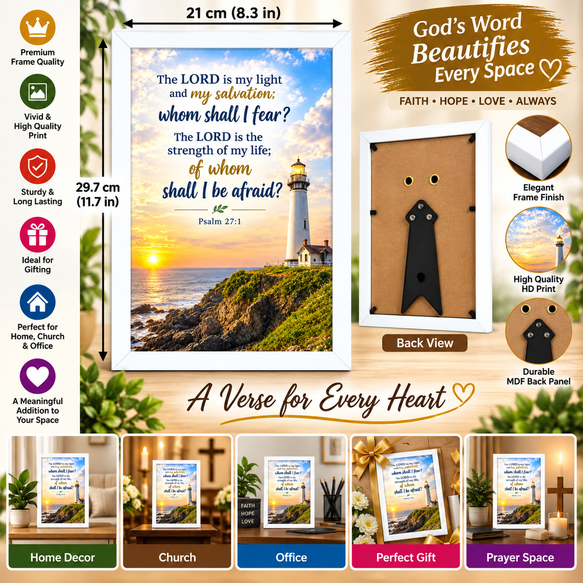 Bible Verse Frame, Psalm 27:1 A4 – White Frame