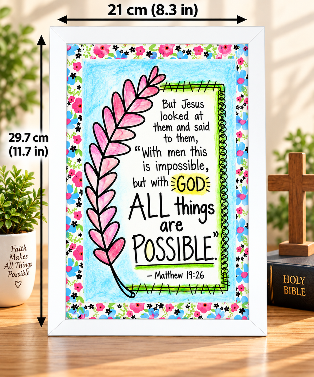 Bible Verse Frame, Matthew 19:26 A4 – White Frame
