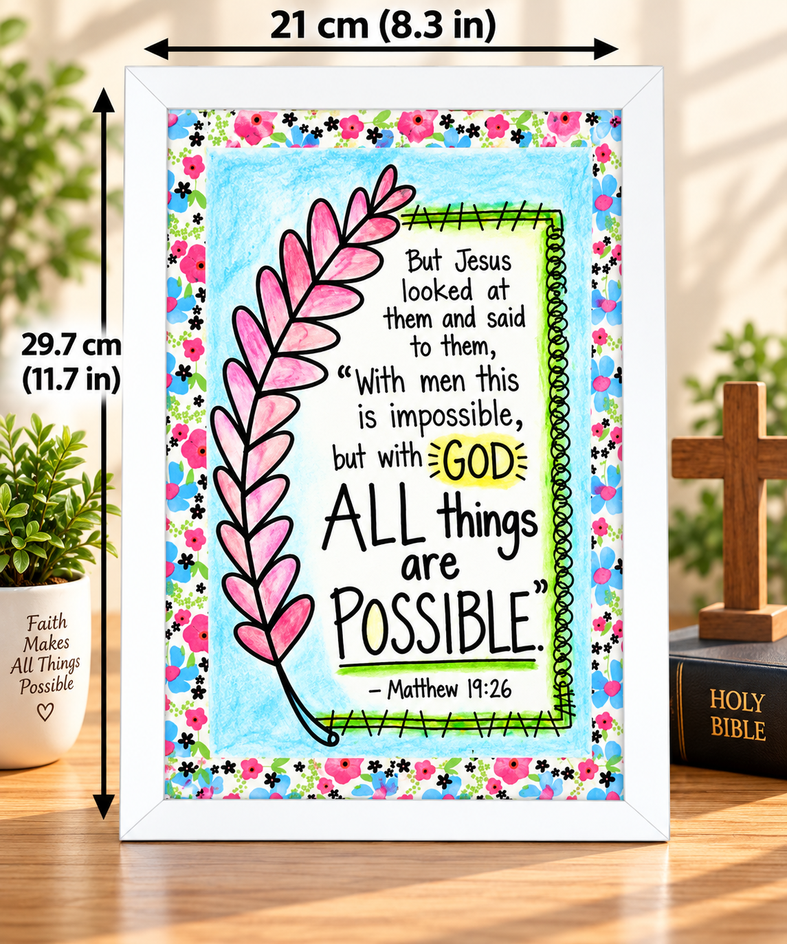 Bible Verse Frame, Matthew 19:26 A4 – White Frame