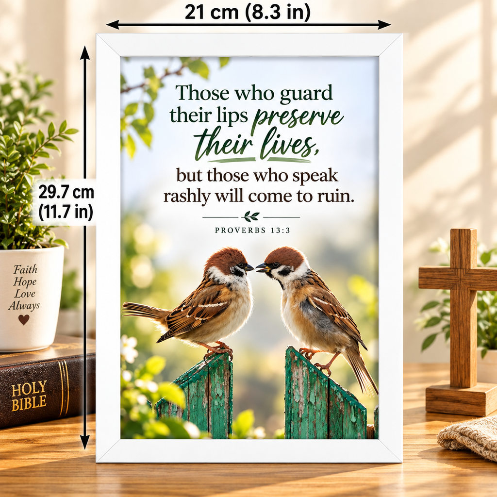 Bible Verse Frame, Proverbs 13:3 A4 – White Frame