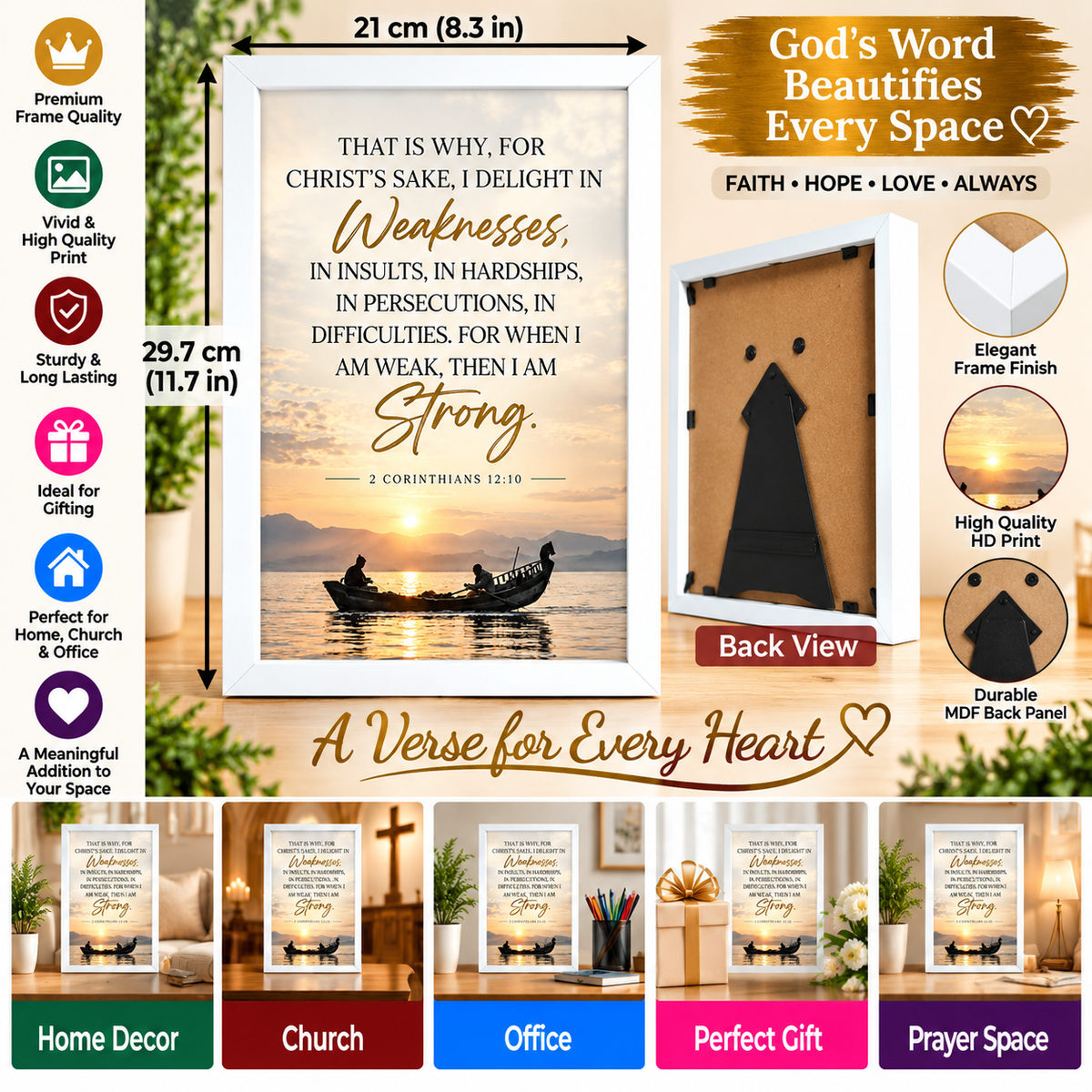 Bible Verse Frame, 2 Corinthians 12:10 A4 – White Frame