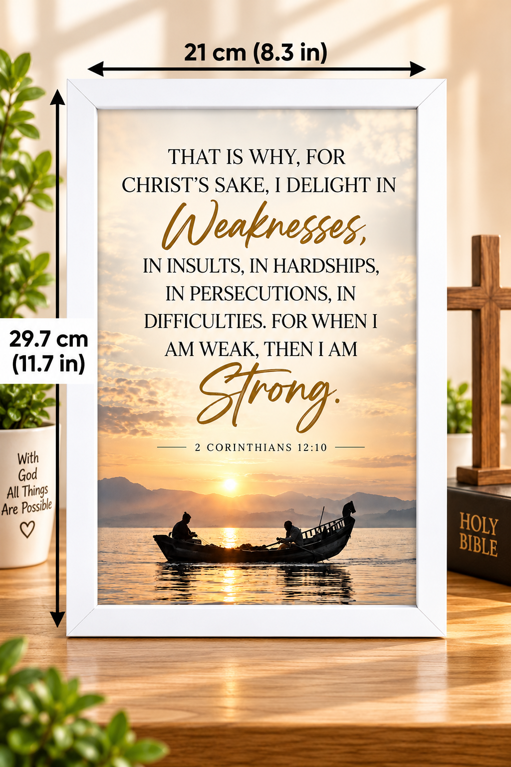 Bible Verse Frame, 2 Corinthians 12:10 A4 – White Frame