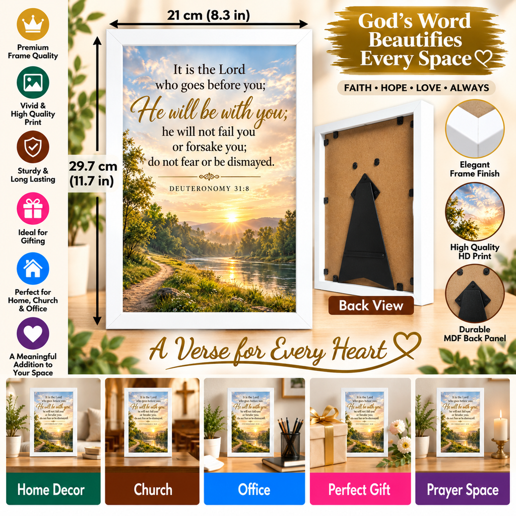 Bible Verse Frame, Deuteronomy 31:8 A4 – White Frame