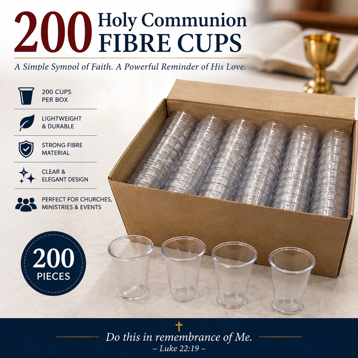Holy Communion Fibre Cups, Pack of 200 Clear Disposable Communion Cups, Fits Standard Trays, for Church Services & Lord's Supper
