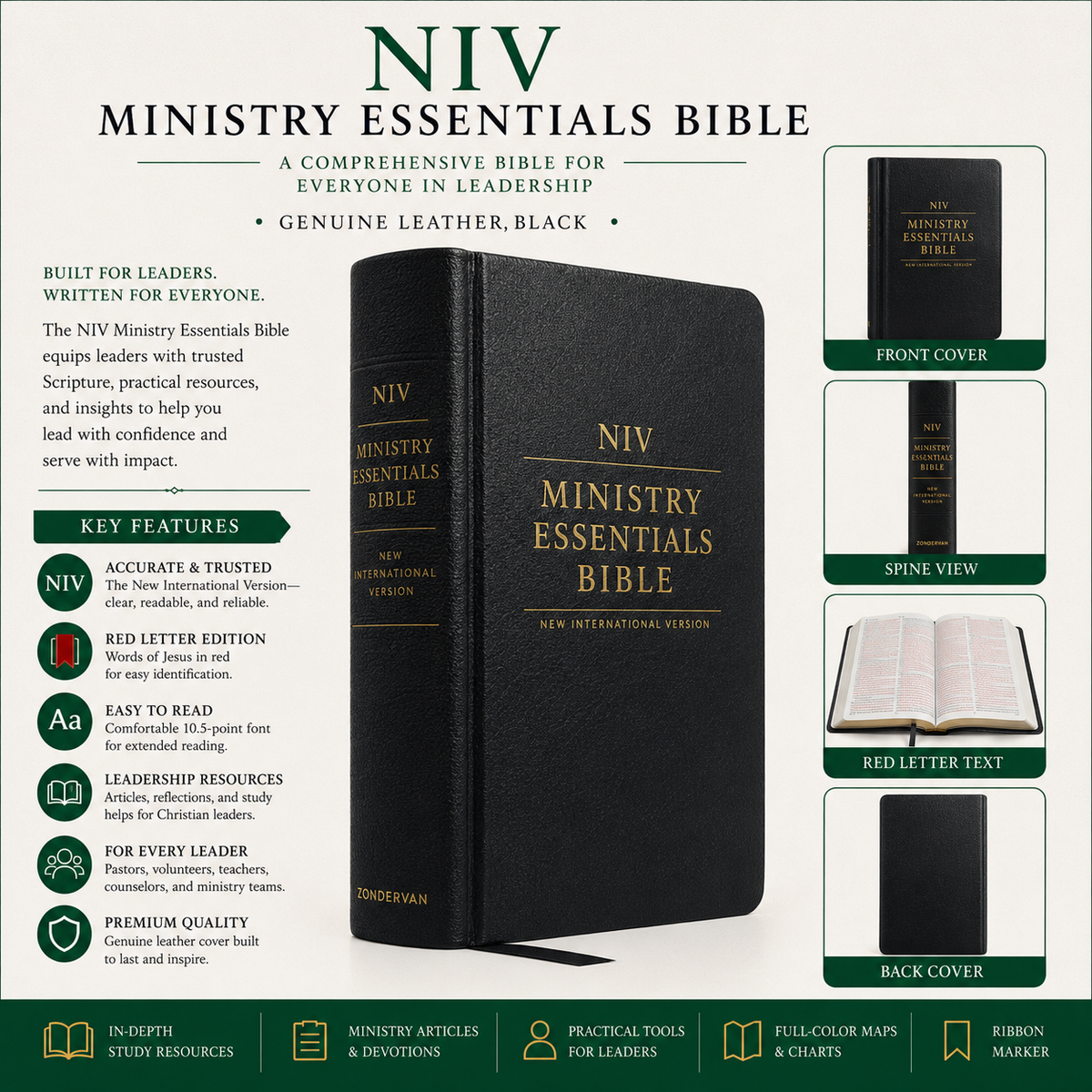 NIV Ministry Essentials Bible - Genuine Leather, Black: A Comprehensive Bible for Everyone in Leadership