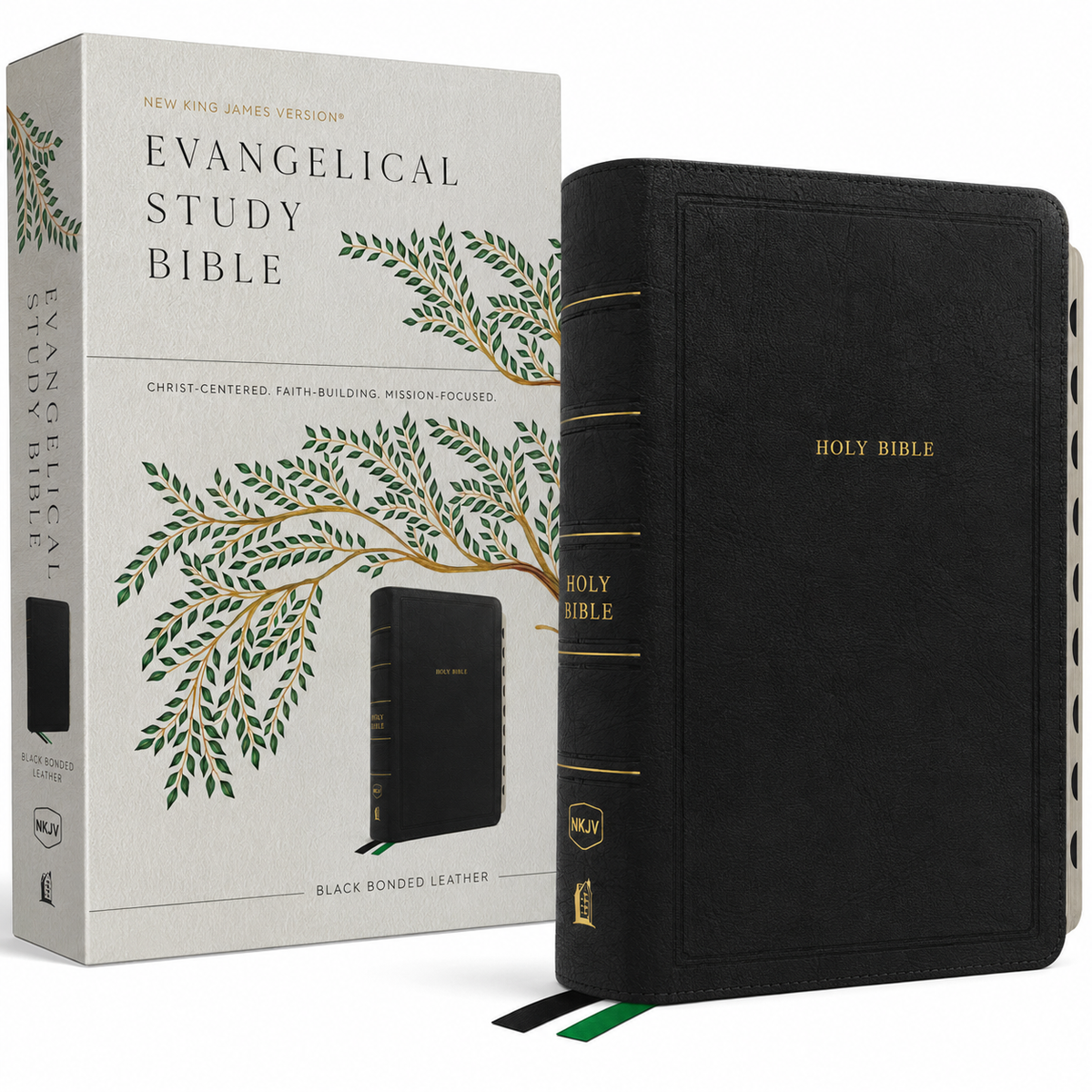 Evangelical Study Bible: Christ-Centered. Faith-Building. Mission-Focused. (NKJV, Black Bonded Leather, Red Letter, Thumb Indexed, Large Comfort Print)