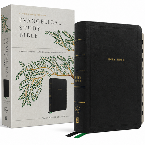 Evangelical Study Bible: Christ-Centered. Faith-Building. Mission-Focused. (NKJV, Black Bonded Leather, Red Letter, Thumb Indexed, Large Comfort Print)