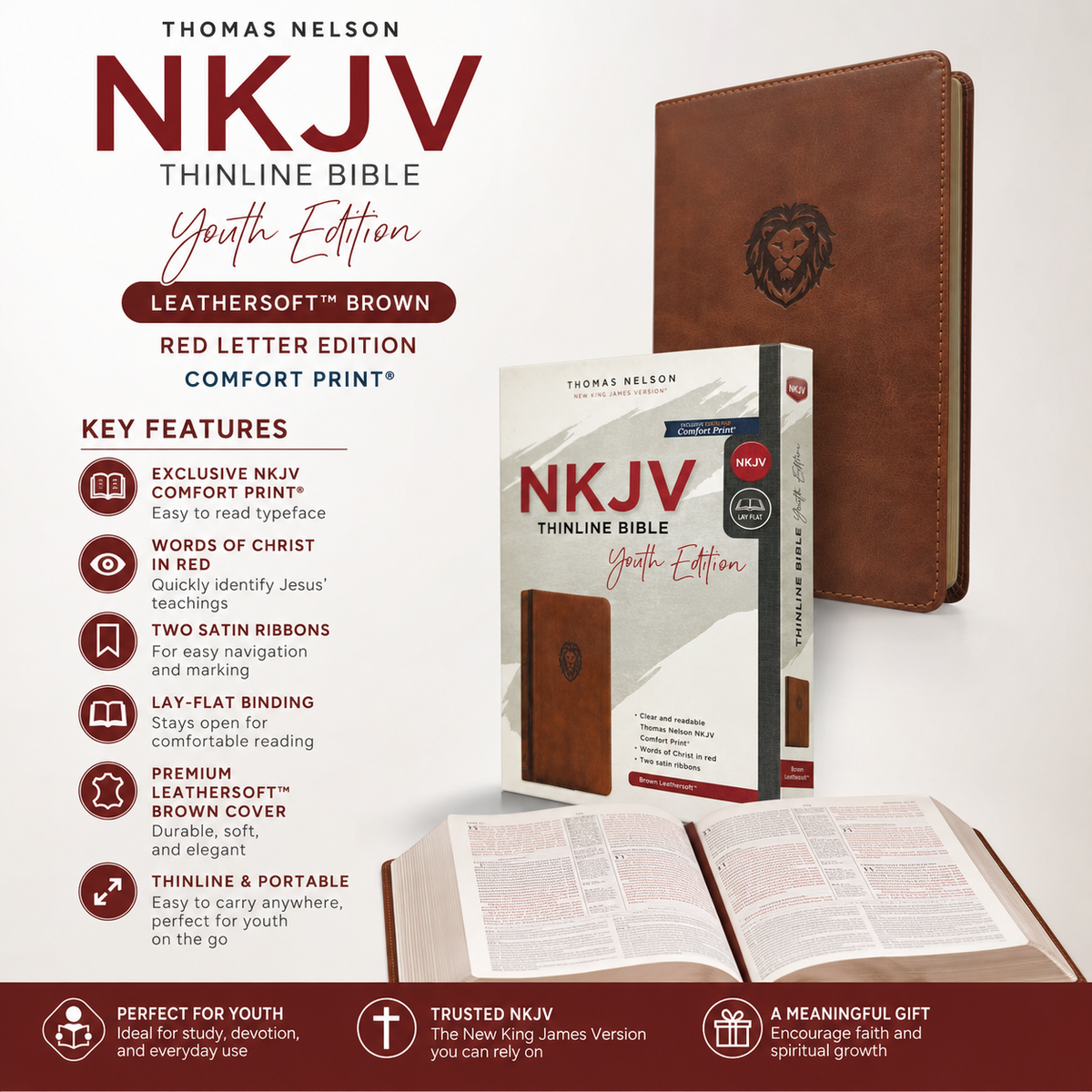 NKJV Thinline Bible Youth Edition Leathersoft Brown Red Letter Edition Comfort Print