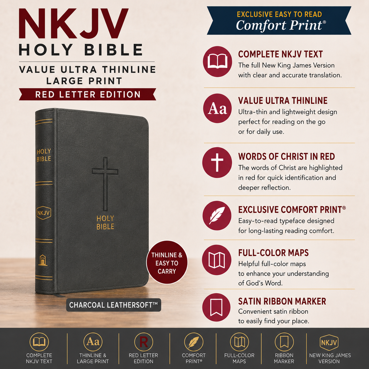 NKJV Holy Bible Value Ultra Thinline Brown Leathersoft Red Letter Comfort Print