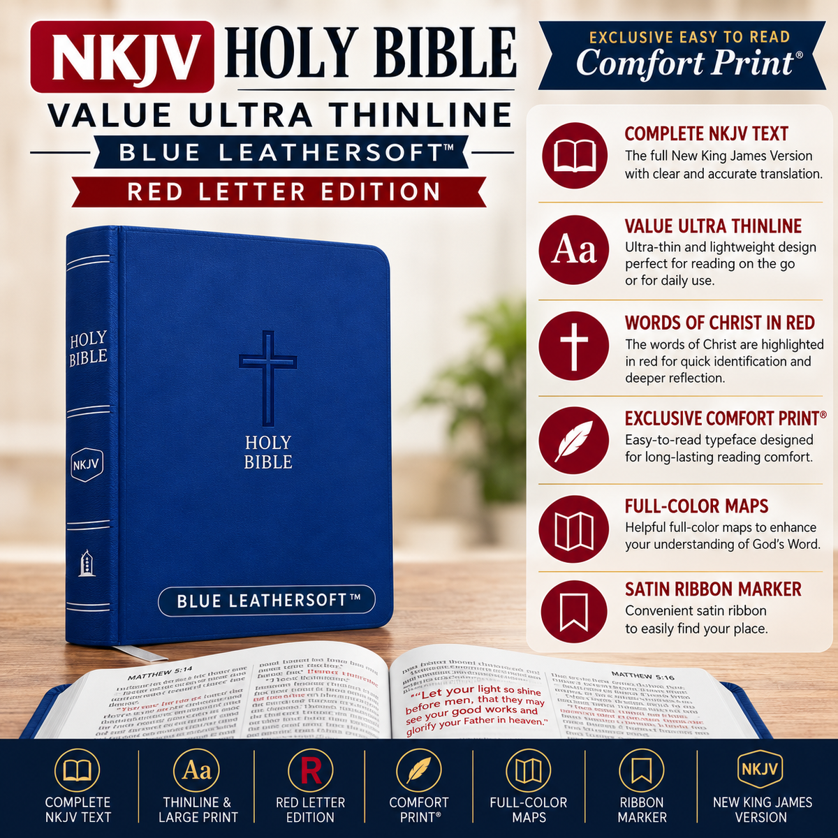 NKJV Holy Bible Value Ultra Thinline Blue Leathersoft Red Letter Comfort Print
