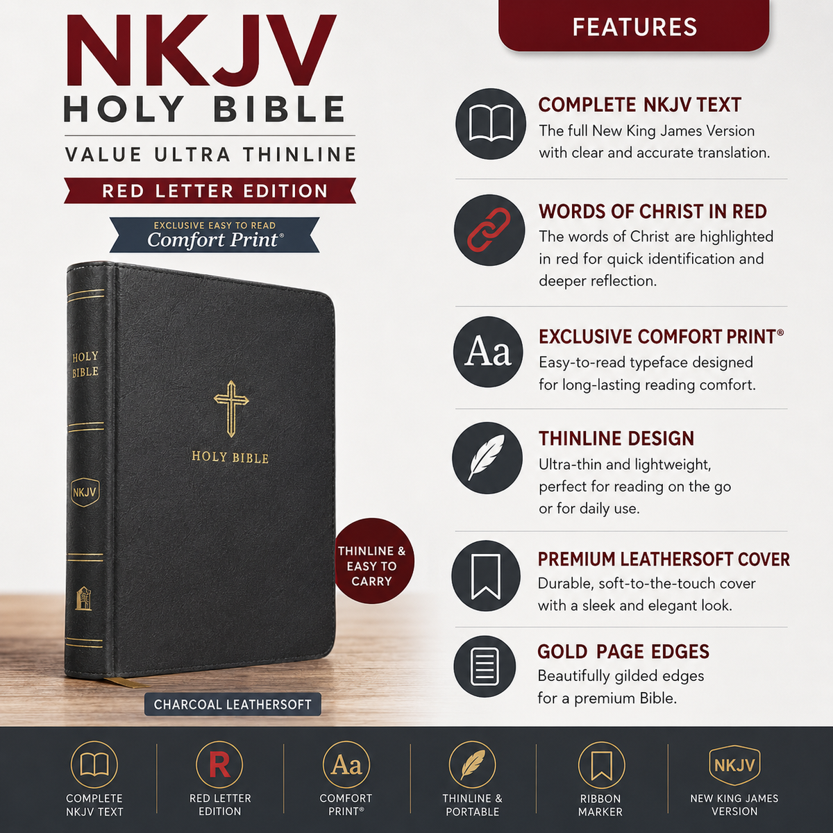 NKJV Holy Bible Value Ultra Thinline Charcoal Leathersoft Red Letter Comfort Print