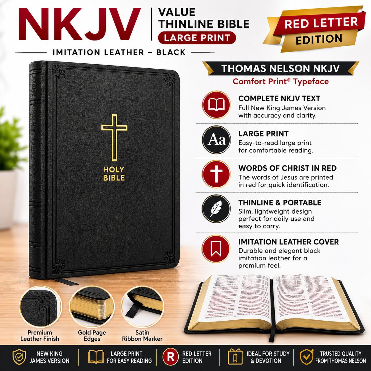 NKJV Value Thinline Bible Large Print Imitation Leather Black Red Letter Edition