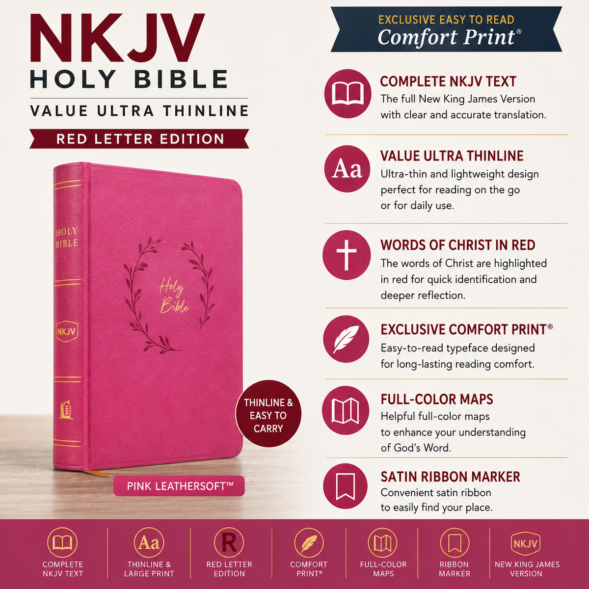 NKJV Holy Bible Value Ultra Thinline Pink Leathersoft Red Letter Comfort Print