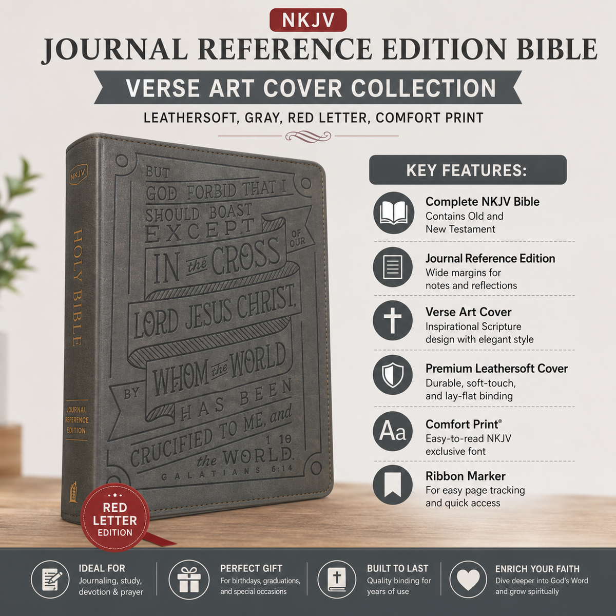 NKJV Journal Reference Edition Bible Verse Art Cover Collection Leathersoft Gray Red Letter Comfort Print