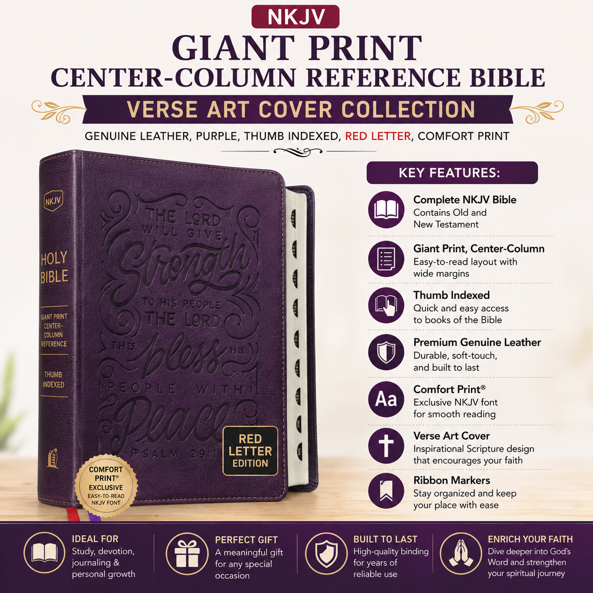 NKJV Giant Print Center-Column Reference Bible Verse Art Cover Collection Genuine Leather Purple Thumb Indexed Red Letter Comfort Print