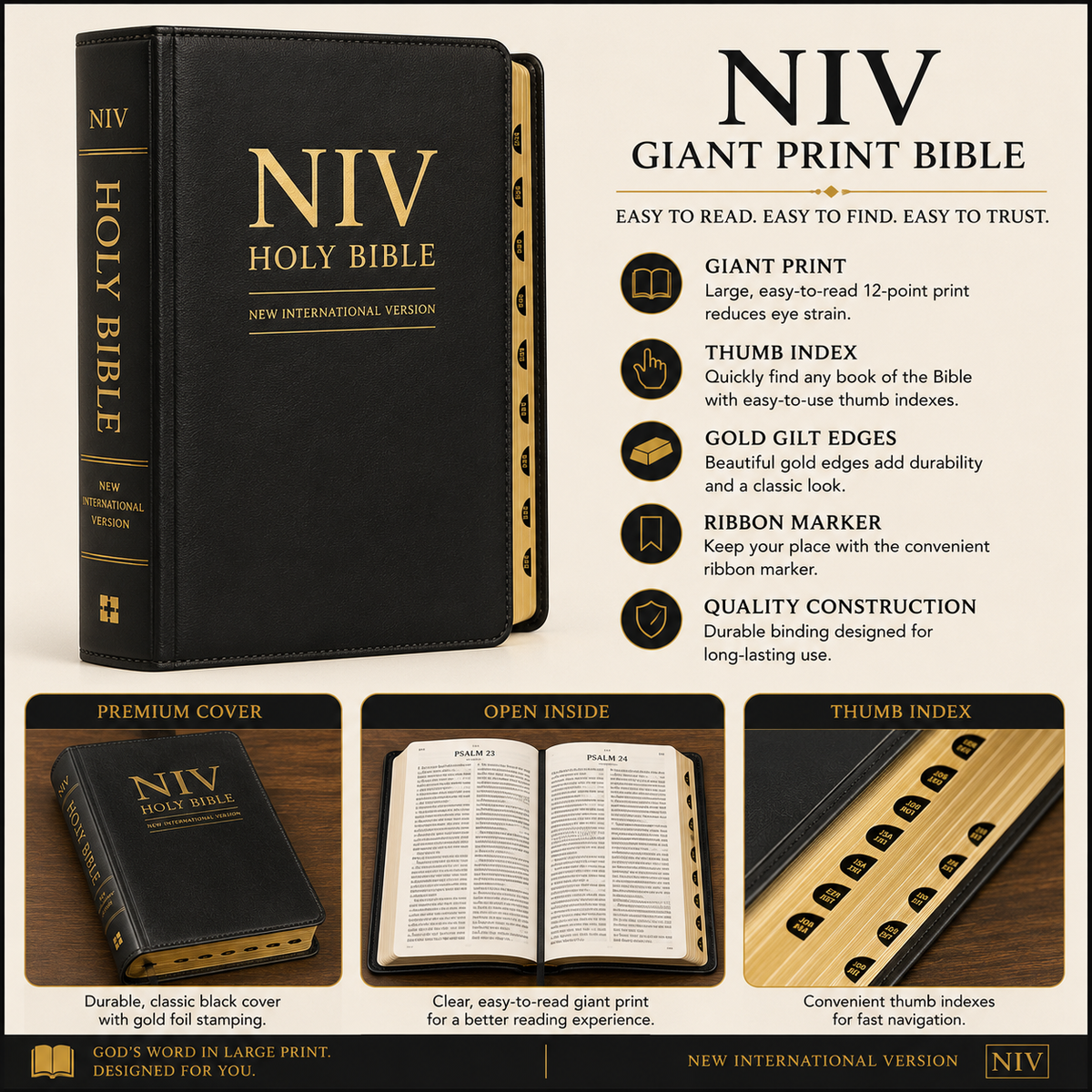 NIV Giant Print Bible, Thumb Index, Gold Gilt Edges, Black