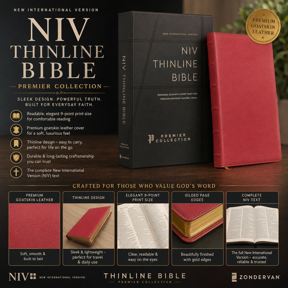NIV Thinline Bible, Premier Collection, Premium Goatskin Leather, Comfort Print