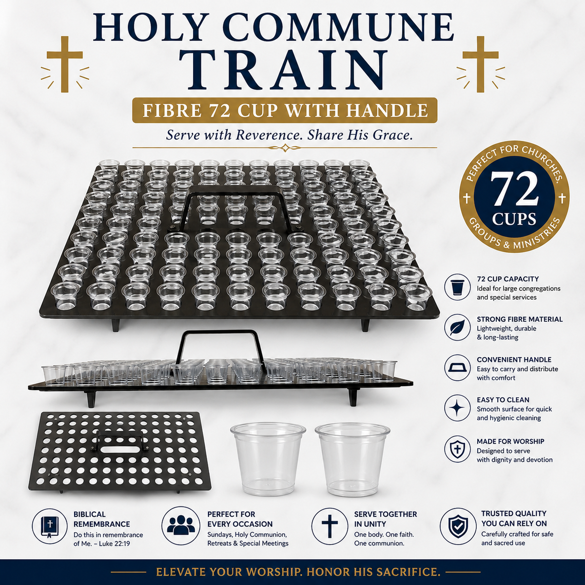 Holy Communion Tray with Handle, Fibre 72-Cup Capacity, Lightweight Stackable Communion Cup Holder for Church Services & Lord's Supper