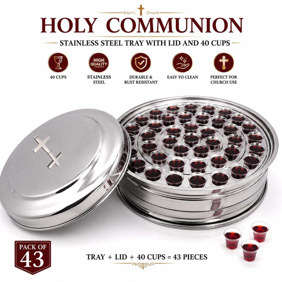 Holy Communion Stainless Steel Tray with Lid & 40 Cups, Complete Church Communion Serving Set (Pack of 43), Mirror Finish