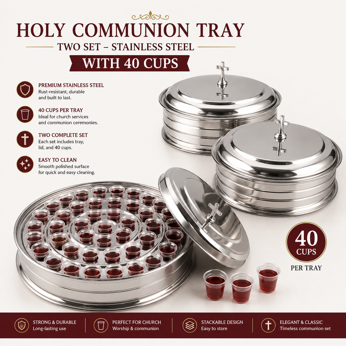 Holy Communion Tray, Two-Tray Stainless Steel Set with 40 Cups, Stackable Food-Grade Trays with Removable Cup Disk for Church Communion Service